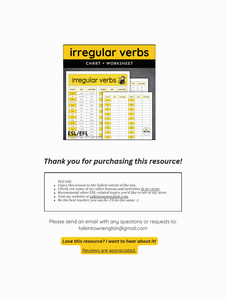 IrregularVerbsChartandFillCommonEnglishVerbstoLearnandStudyESLELA-1 | PDF