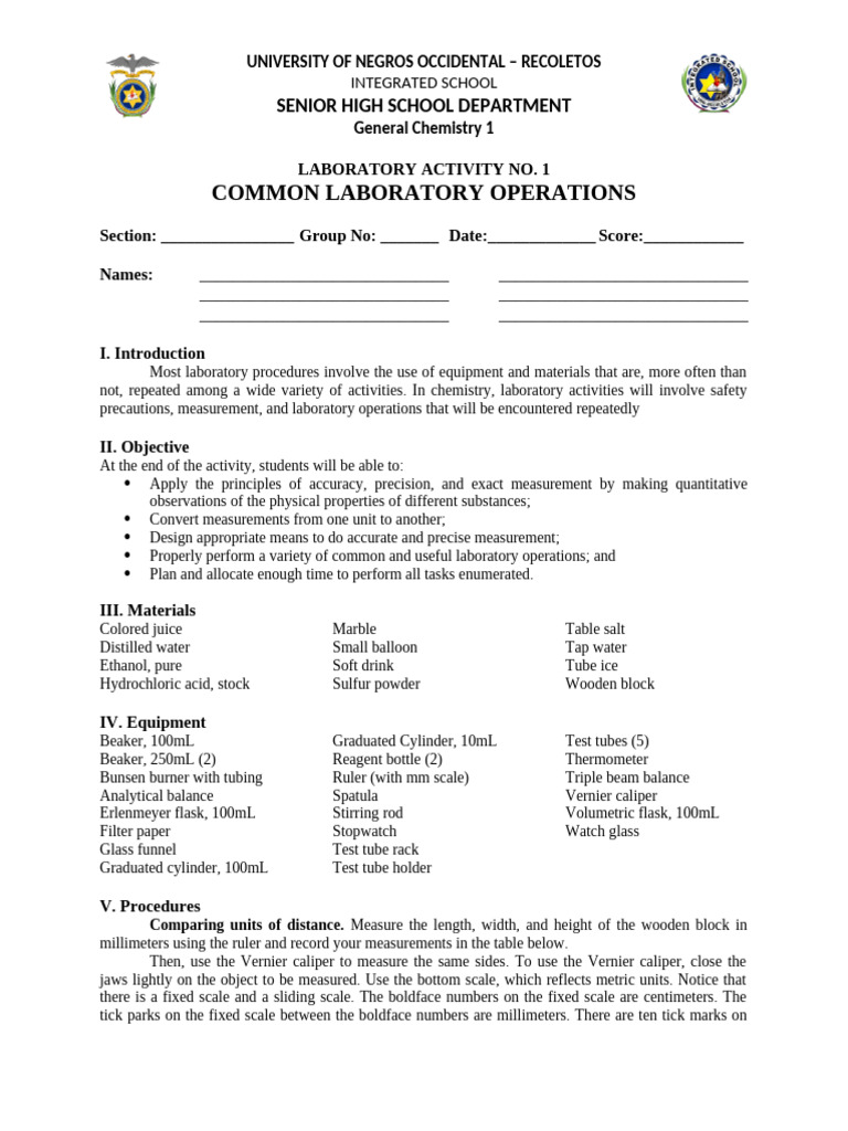 GENCHM180 - Laboratory 01 - Common Laboratory Operations | PDF ...