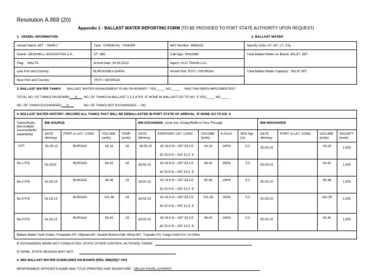 Appendix 1 868 Ballast Water Reporting Form | PDF | Ships | Watercraft