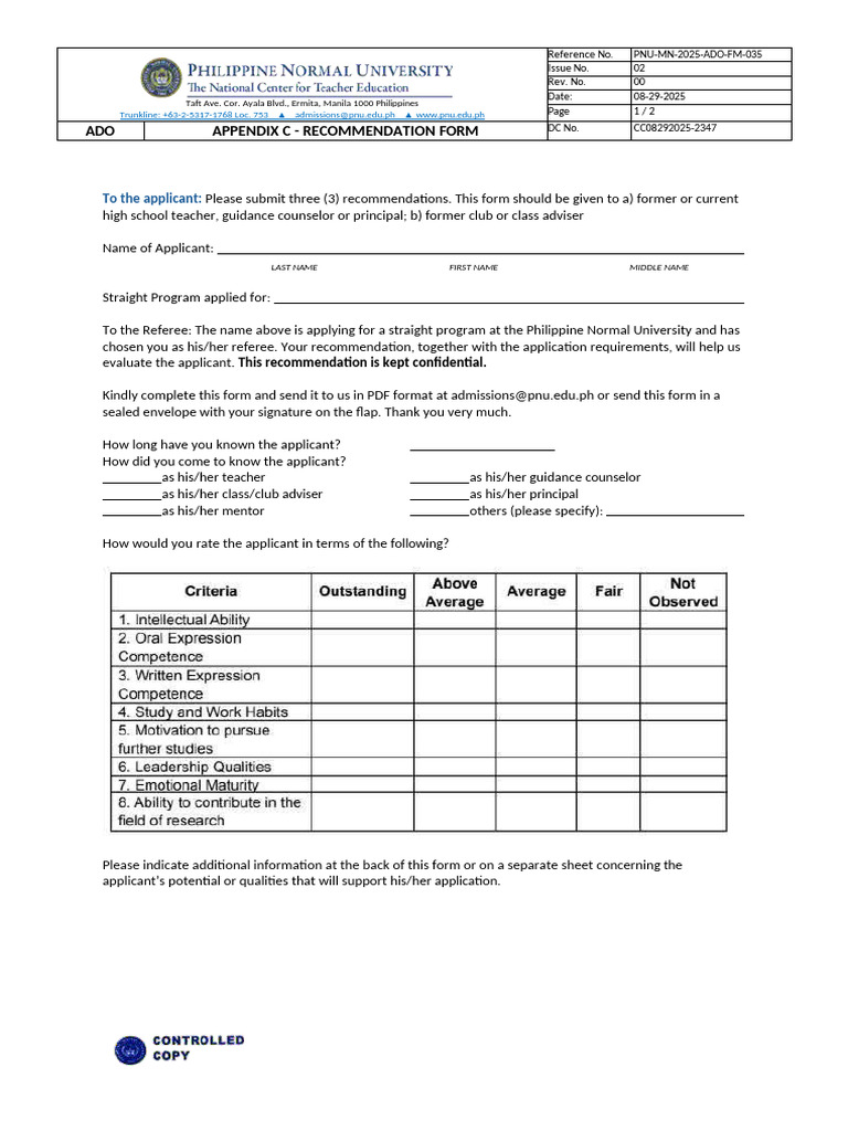 APPENDIX C Recommendation Form | PDF