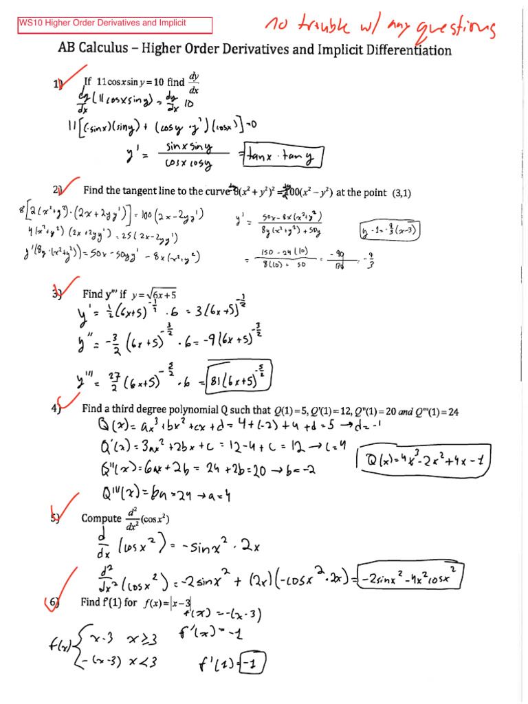WS10 Higher Order Derivatives and Implicit 2 | PDF