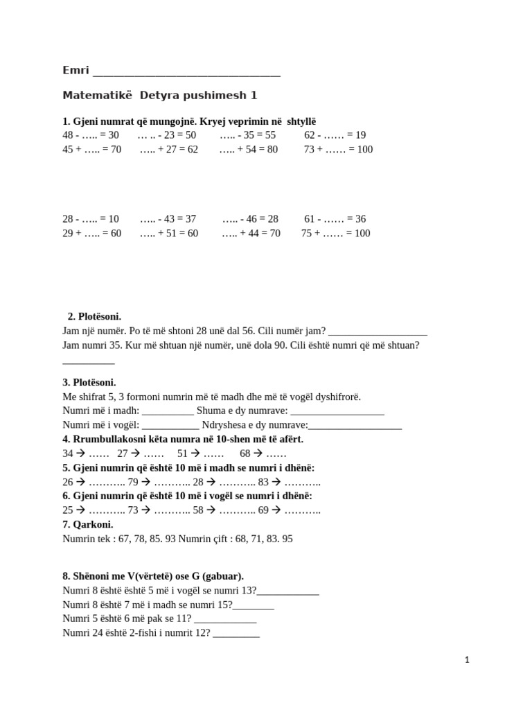 Detyra Matematike Për Pushimet e Janarit | PDF