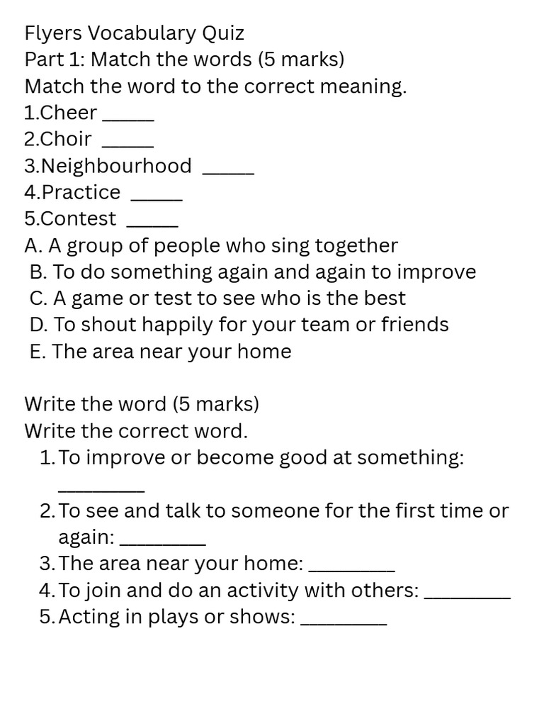 Flyers Vocabulary Quiz Part 1 Match the Words (5 Marks) Match the Word ...