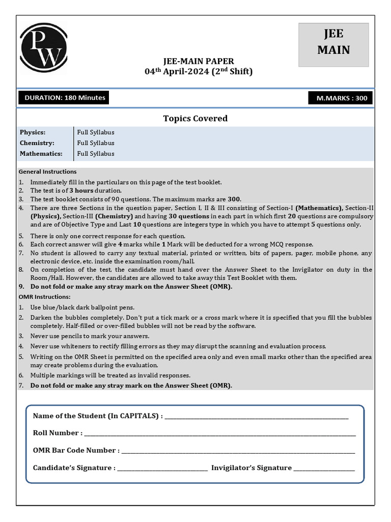 JEE Main 2024 - 4th April Shift 2 Question Paper | PDF | Elementary ...