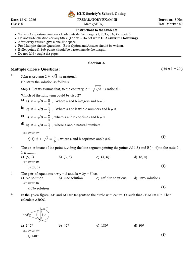 Section A Multiple Choice Questions:: KLE Society's School, Gadag | PDF ...
