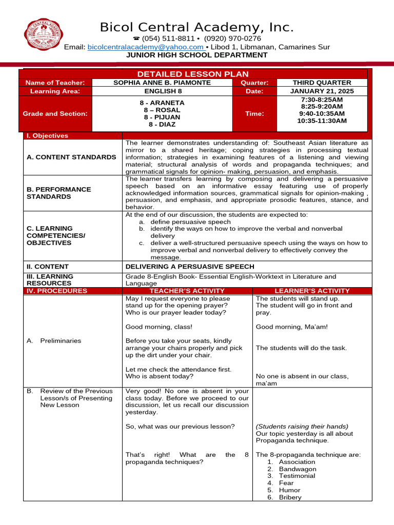 January 21 Lesson Plan English 8 | PDF | Nonverbal Communication | Rhetoric