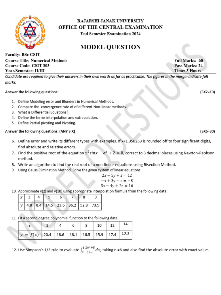 Model Question-Numerical Methods | PDF | Numerical Analysis | Equations