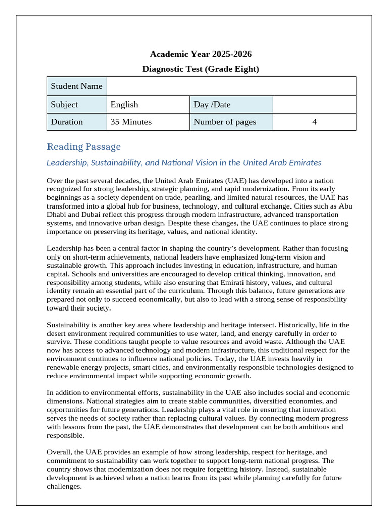 Grade 8 Reading + Answer Key | PDF | United Arab Emirates | Sustainability