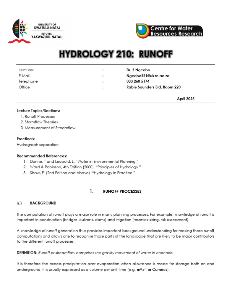 Hydrology 210 Runoff 2025 | PDF | Surface Runoff | Discharge (Hydrology)