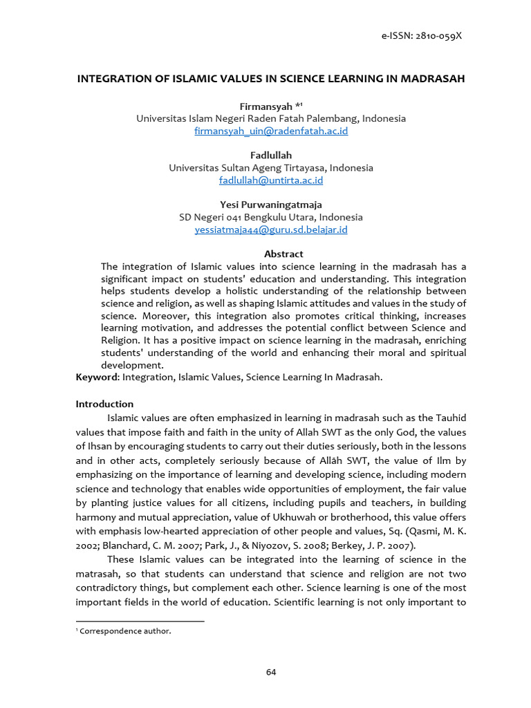 Firmansyah Dkk Integration of Islamic Values | PDF | Science | Curriculum