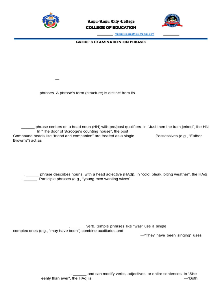 Examination For Phrases | PDF | Verb | Adjective