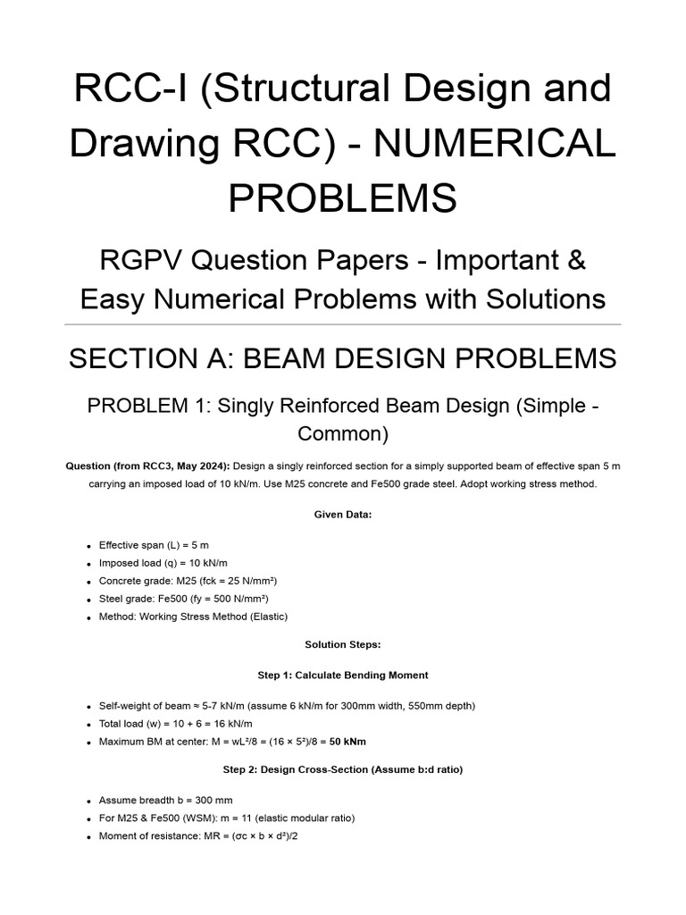 RCC Numerical Solutions | PDF | Beam (Structure) | Bending