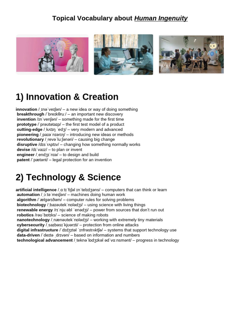 Topical Vocabulary About Human Ingenuity | PDF | Creativity | Innovation