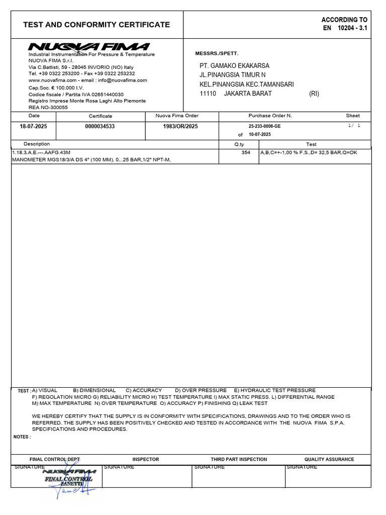Certificate Order 25 233 0006 Ge | PDF | Pressure