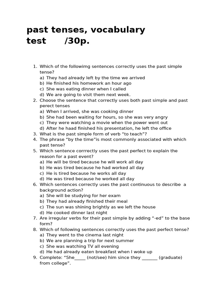 Past Tenses, Vocabulary Test | PDF | Perfect (Grammar) | Grammatical Tense
