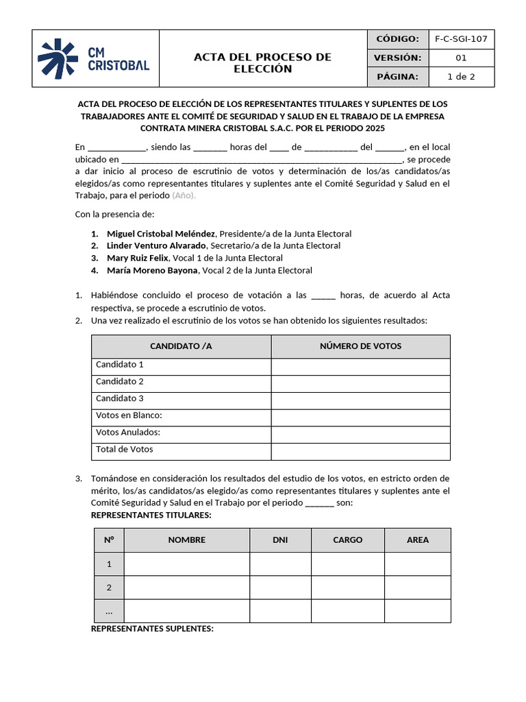 F-C-SGI-107 Acta Del Proceso de Eleccion | PDF | Elecciones | Eventos ...