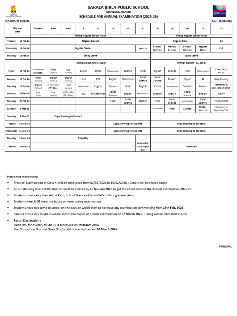 Date Sheet Annual Examination - 2025-26 - Nursery To Std. IX & XI | PDF