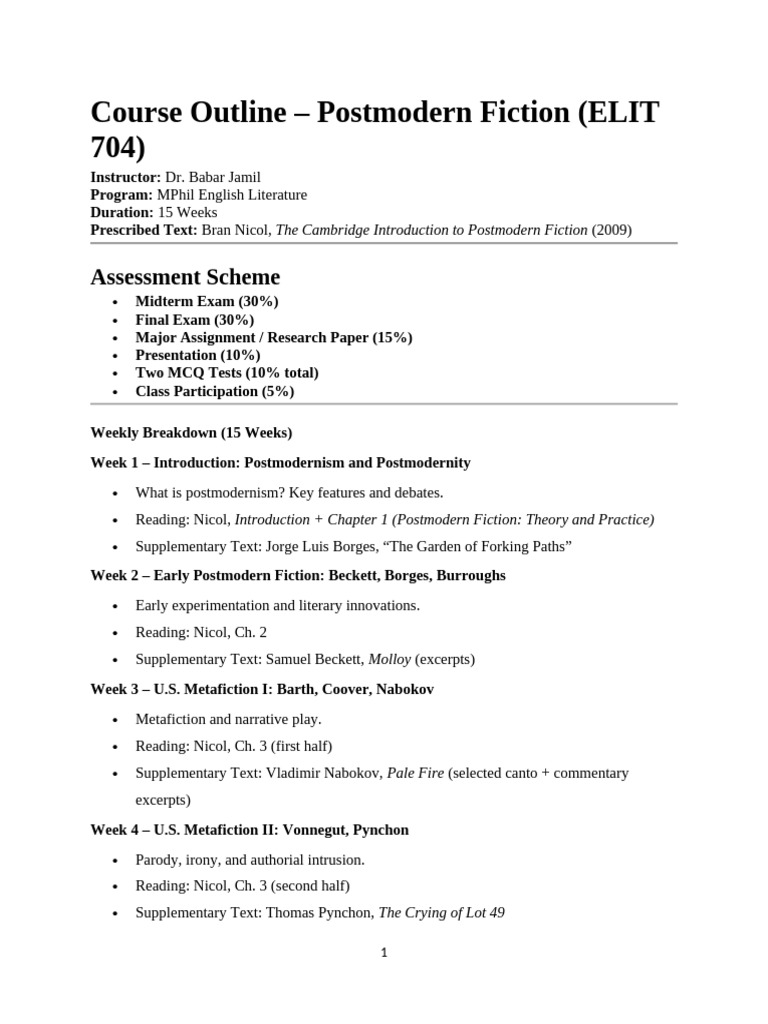 Postmodern Fiction Outline | PDF | Postmodern Literature | Postmodernism