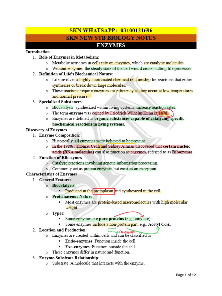 Enzyme Key Point Notes NEW STB Biology by SKN | PDF | Enzyme Inhibitor ...