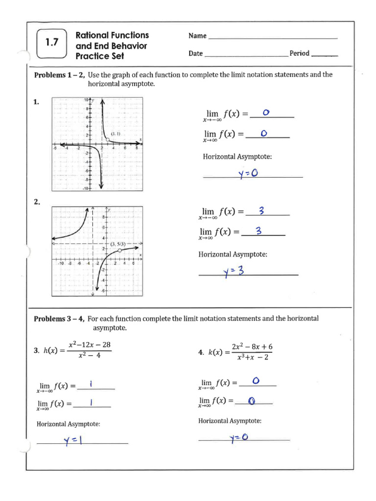 1.7+ +Rational+Functions+and+End+Behavior+HW+ +Answer+Key | PDF