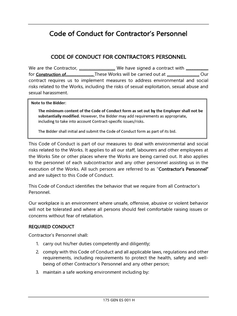 SAMPLE Code of Conduct For Contractor's Persnnel - CONSTRUCTION SITE ...