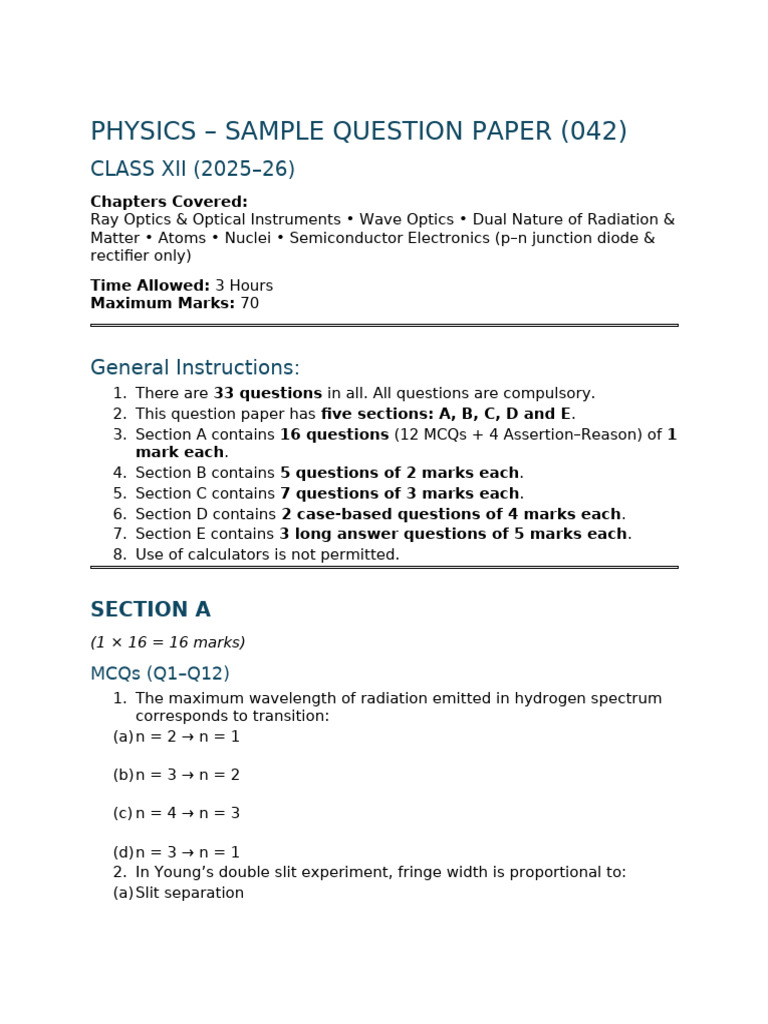 Class Xii Physics SQP (Selected Chapters) - Cbse 2025-26 | PDF ...