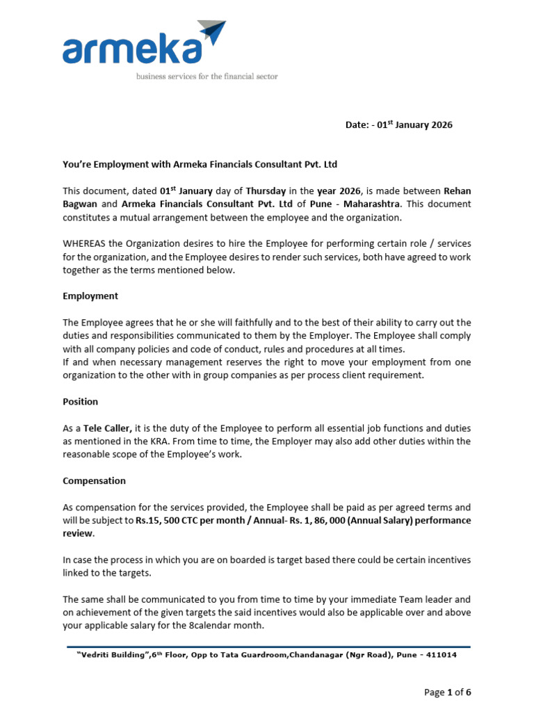 Offer Letter Armeka | PDF | Employment | Non Disclosure Agreement