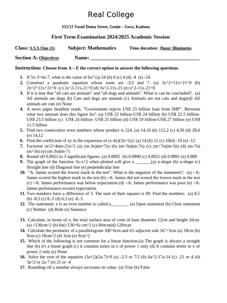Mathematics S.S.S ONE(1)-Second Term_114612 | PDF | Elementary ...