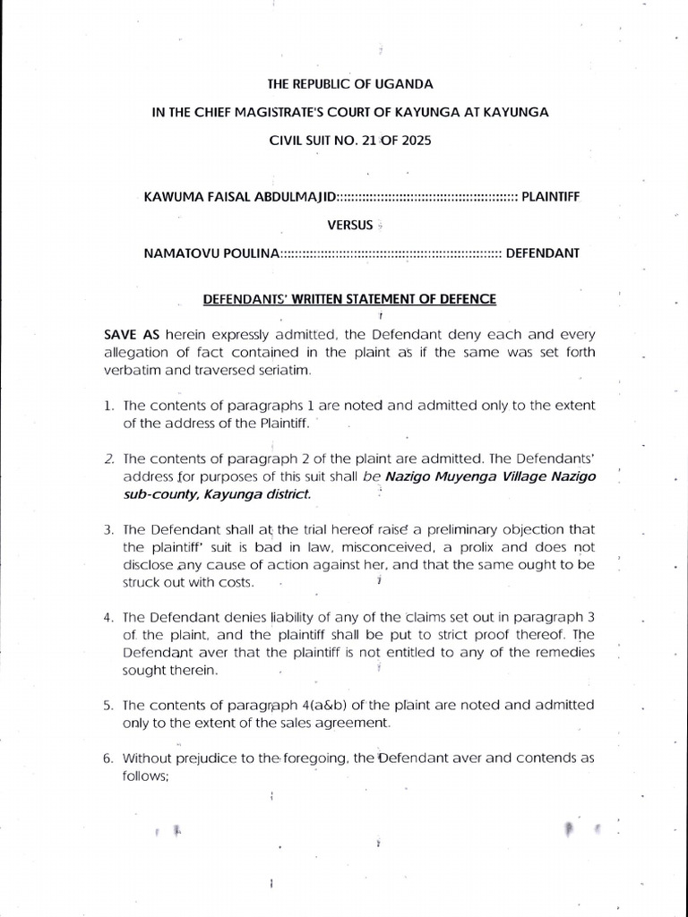 Written Statement of Defence Paulin | PDF | Lawsuit | Justice