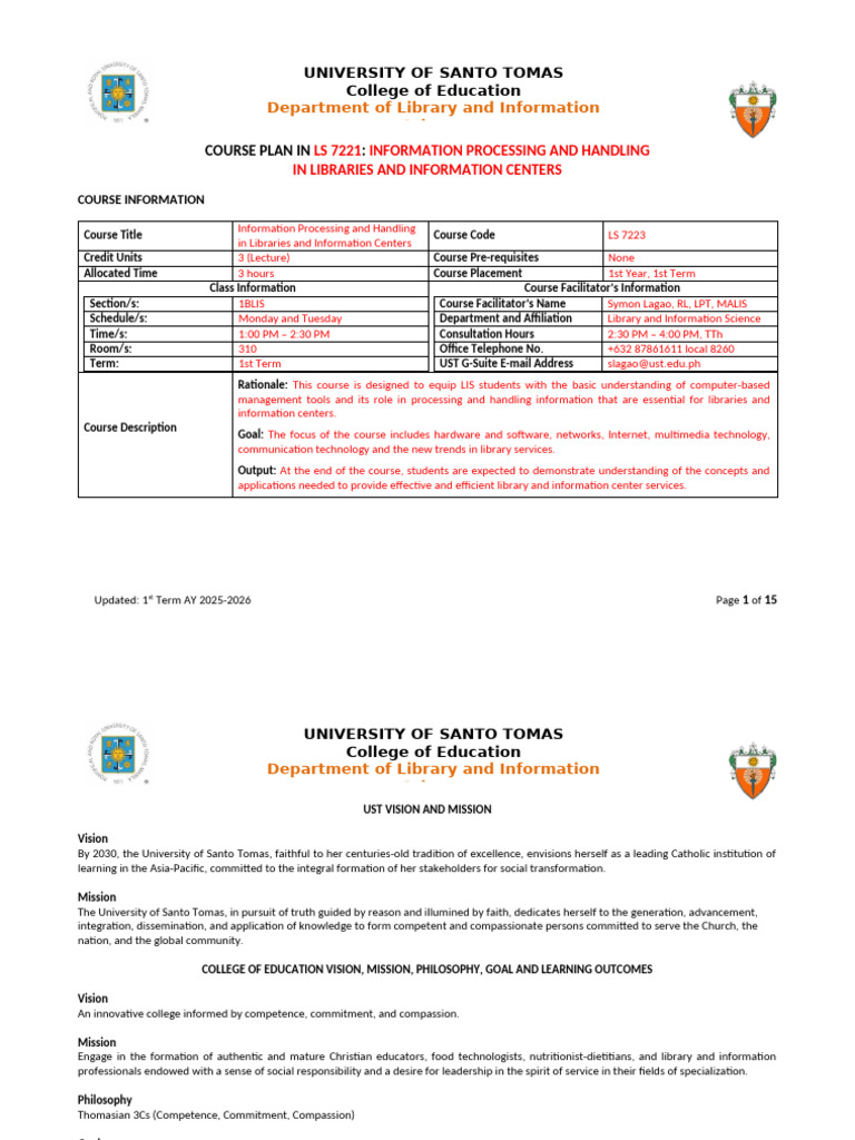 BLIS Course Plan Template v.2025 | PDF | Libraries | Information