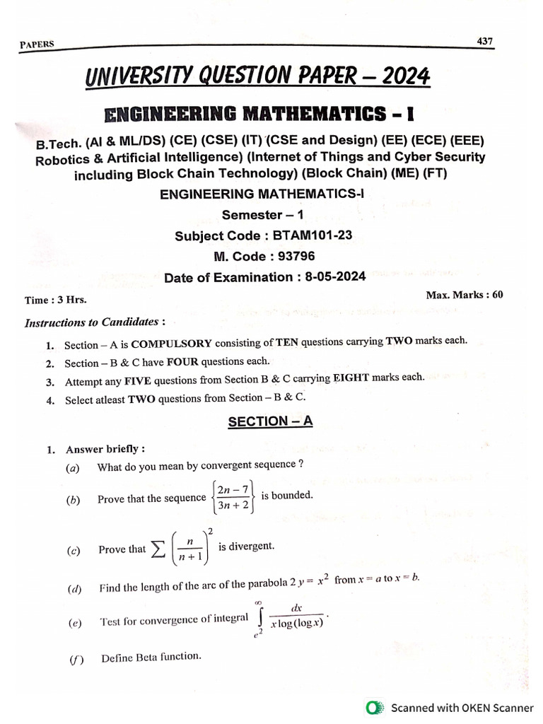 Engineering Mathematics 1 Previous Question Paper | PDF