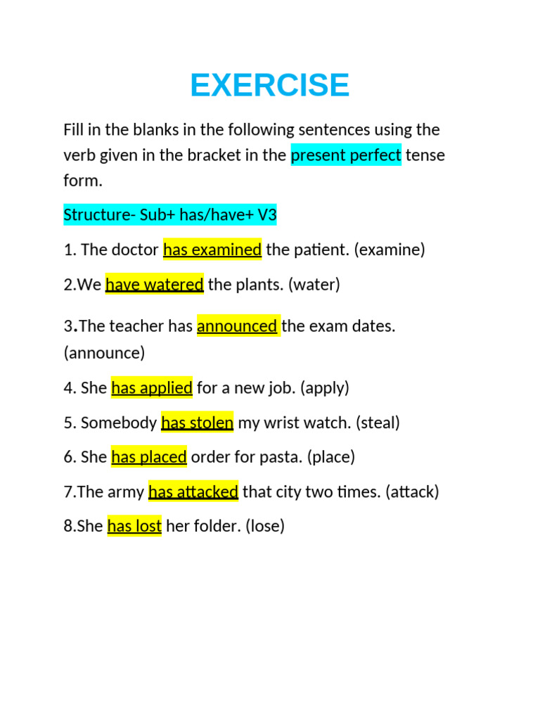 Present Perfect Tense Exercise | PDF