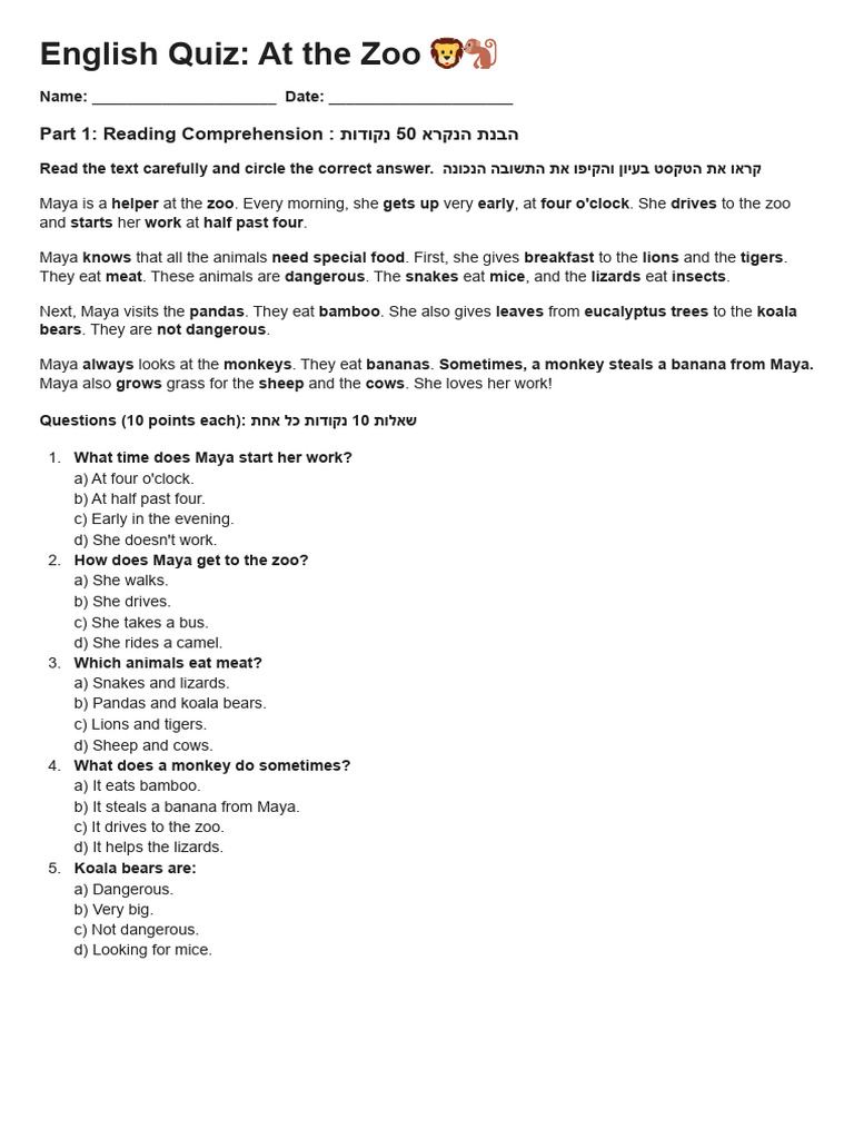 English Quiz_ at the Zoo ??.Docx (1) | PDF | Felidae | Zoology