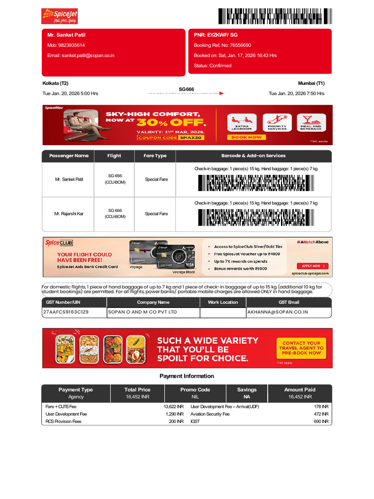 SpiceJet - E-Ticket - PNR - EYZKWF 20 Jan 2026 Kolkata-Mumbai For | PDF ...