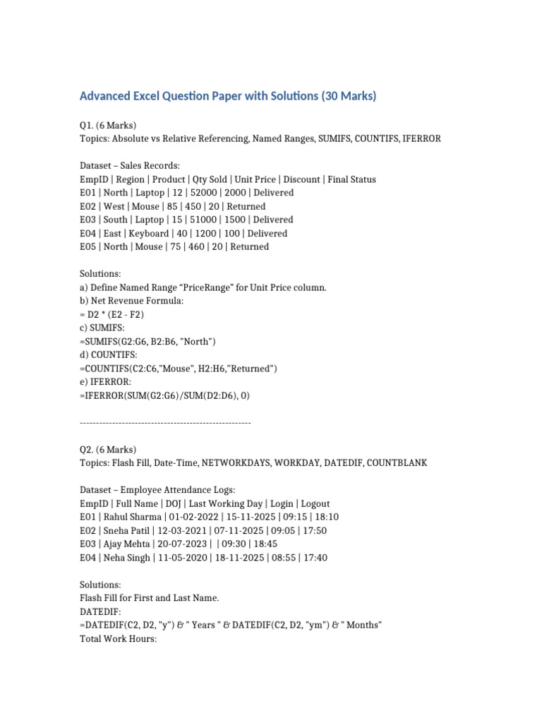 Advanced Excel Questions and Solutions | PDF | Chess | Chess Theory