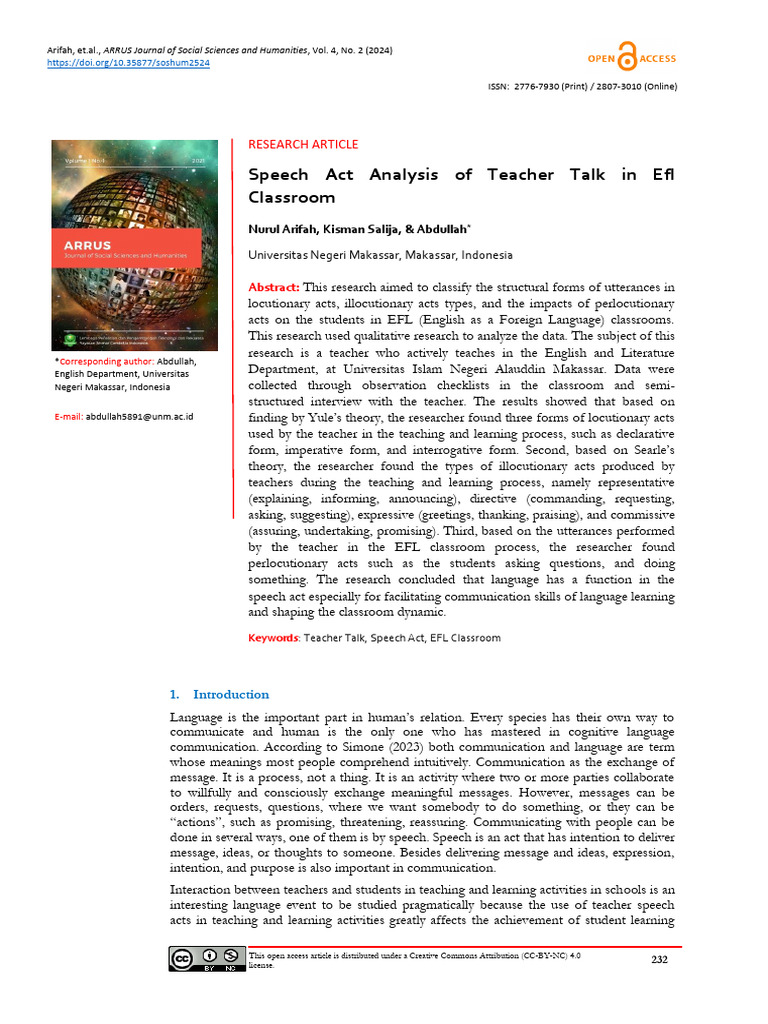 Speech Act Analysis of Teacher Talk in Efl Classroom: Research Article ...