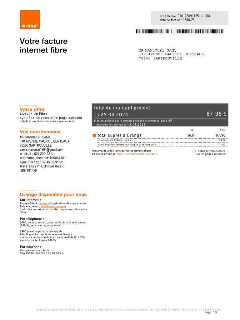 Facture Fibre Orange | PDF | Télécommunications