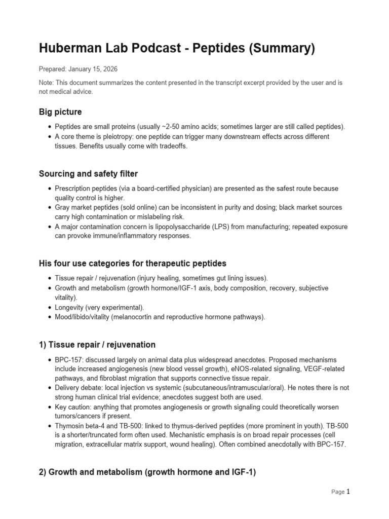 Huberman Peptides Summary | PDF | Growth Hormone | Insulin Like Growth ...