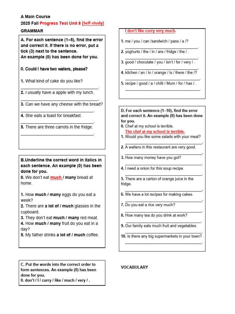 Progress Test Unit 8 | PDF | Lunch | Food And Drink Preparation
