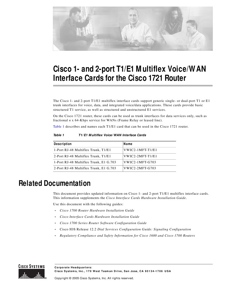 Cisco 1-And 2-Port T1/E1 Multiflex Voice/WAN Interface Cards For The ...