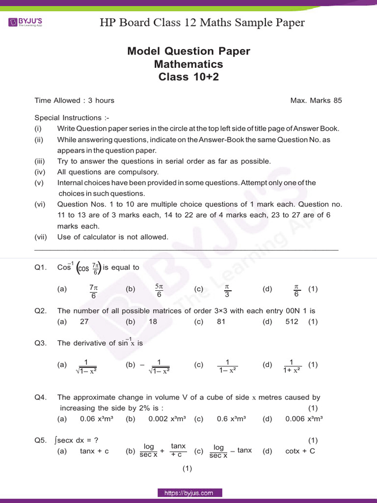HP Board Class 12 Maths Sample Paper | PDF | Trigonometric Functions ...