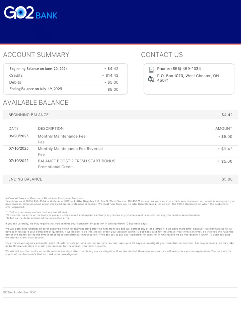 GO2bank Statement 2025 | PDF
