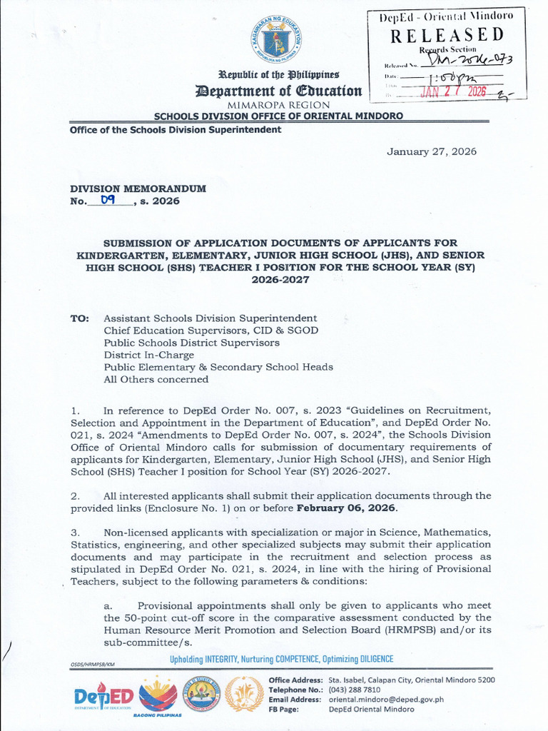 DIVISION MEMO NO. 09, S. 2026_SUBMISSION OF APPLICATION DOCUMENTS OF ...