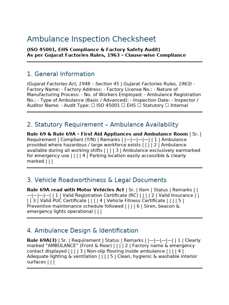 Ambulance Inspection Checksheet - Gujarat Factory Rules | PDF ...