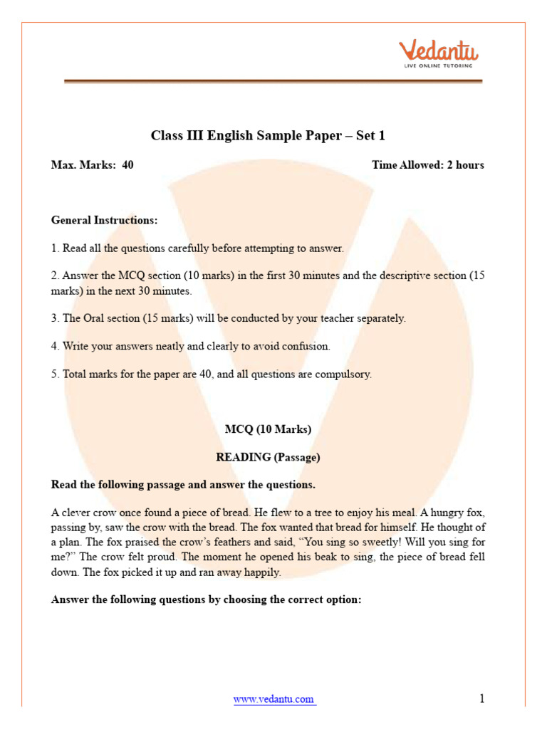 CBSE Class 3 English Sample Paper - Set 1 (2025-26) - FREE PDF | PDF ...