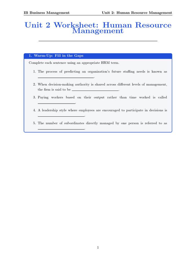IB Business Worksheet Unit 2 | PDF | Human Resources | Human Resource ...