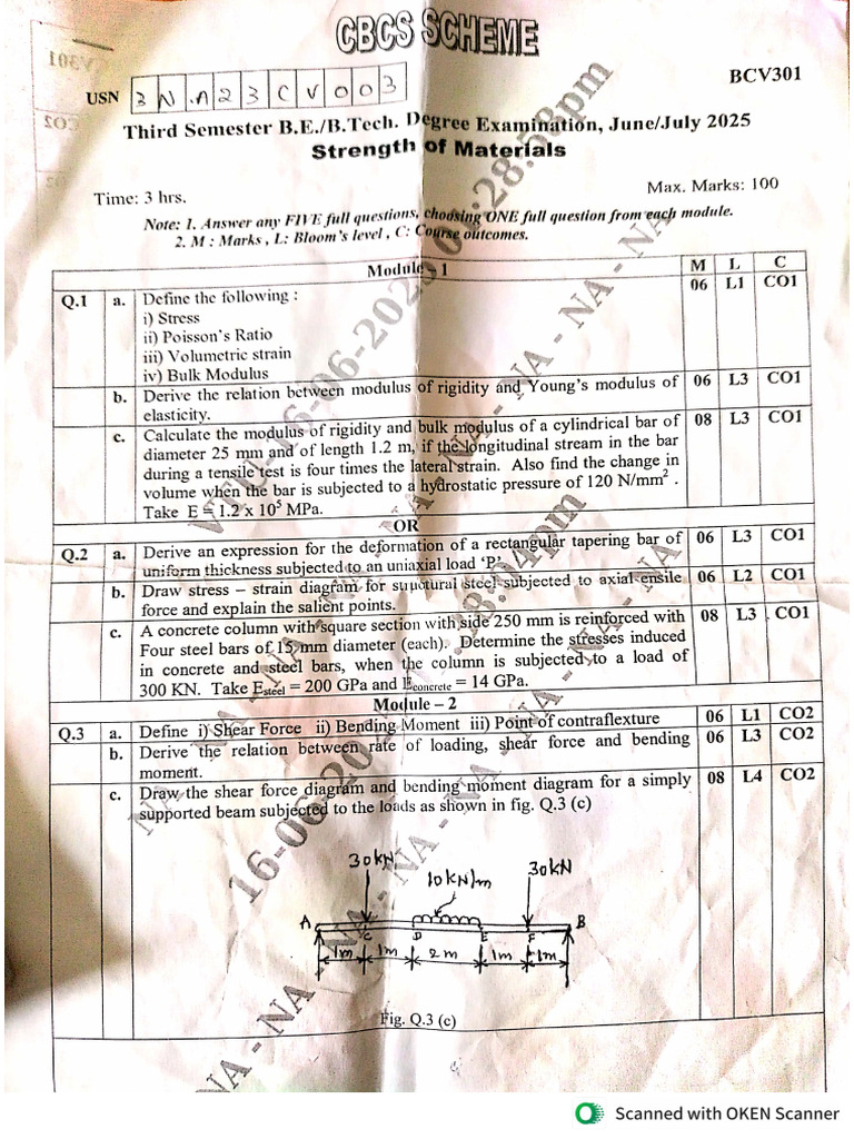 Strength of Materials Question Paper | PDF