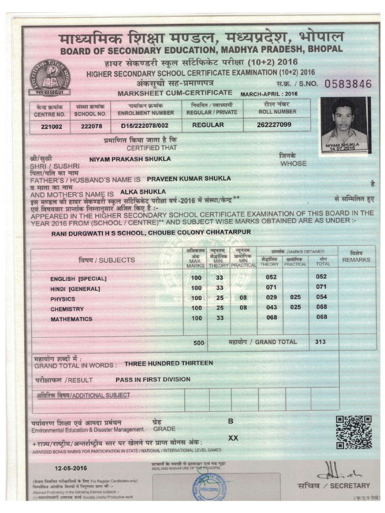 12TH Marksheet | PDF
