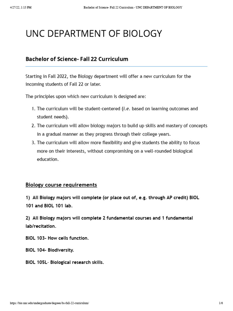 Bachelor of Science - Fall 22 Curriculum - UNC DEPARTMENT of BIOLOGY ...