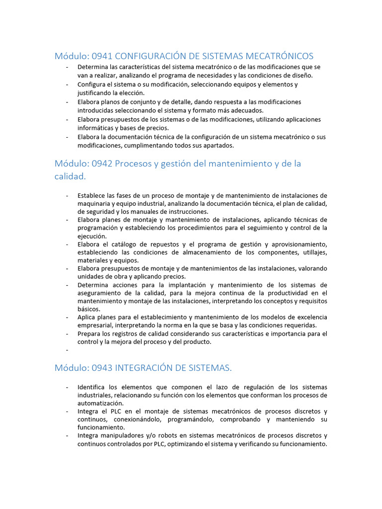 Modulos - Contenidos Ciclo GS Mecatrónica | PDF | Calidad (comercial ...